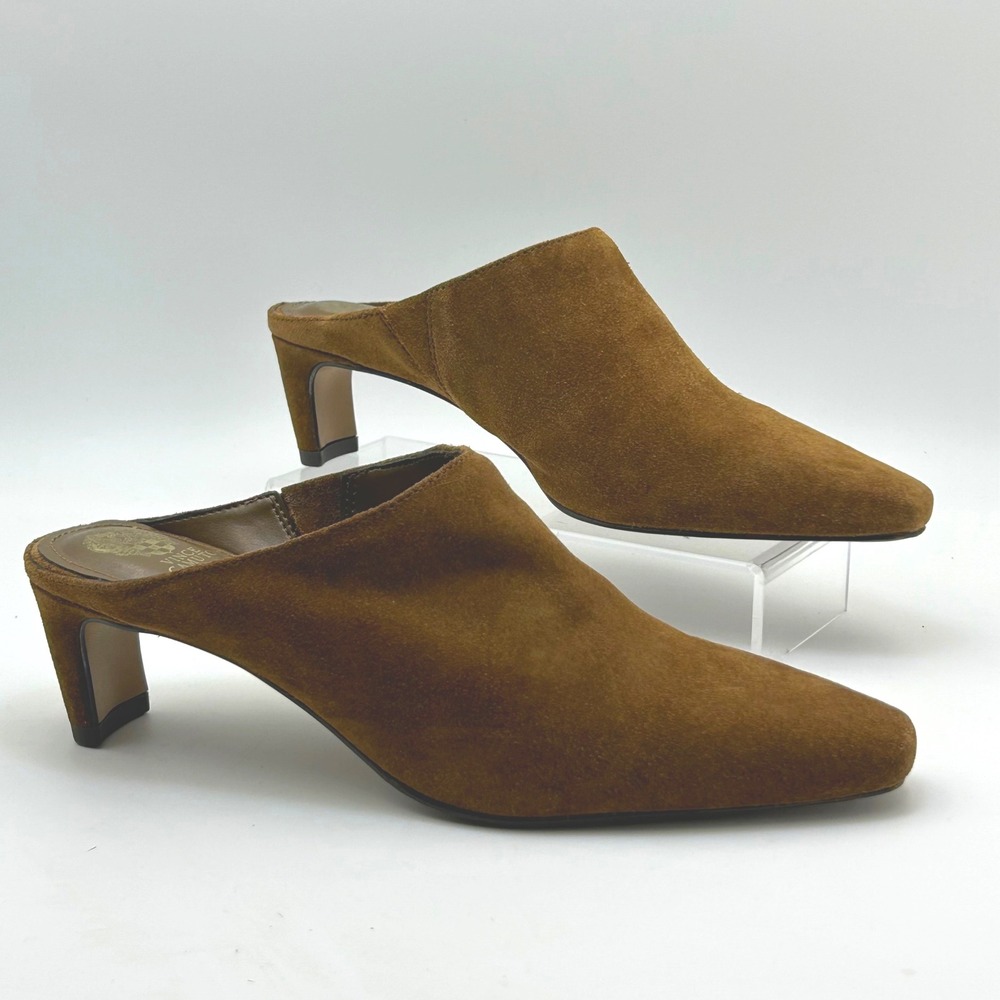 Vince Camuto Alexie Mules Womens 7 Brown Suede Pointed Toe Kitten Heel Chic